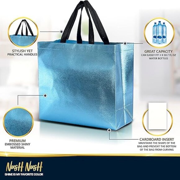 Aqua Blue Gift Bags Large Size – Set of 12 Shiny Turquoise Reusable Gift Bags - Picture 3 of 4